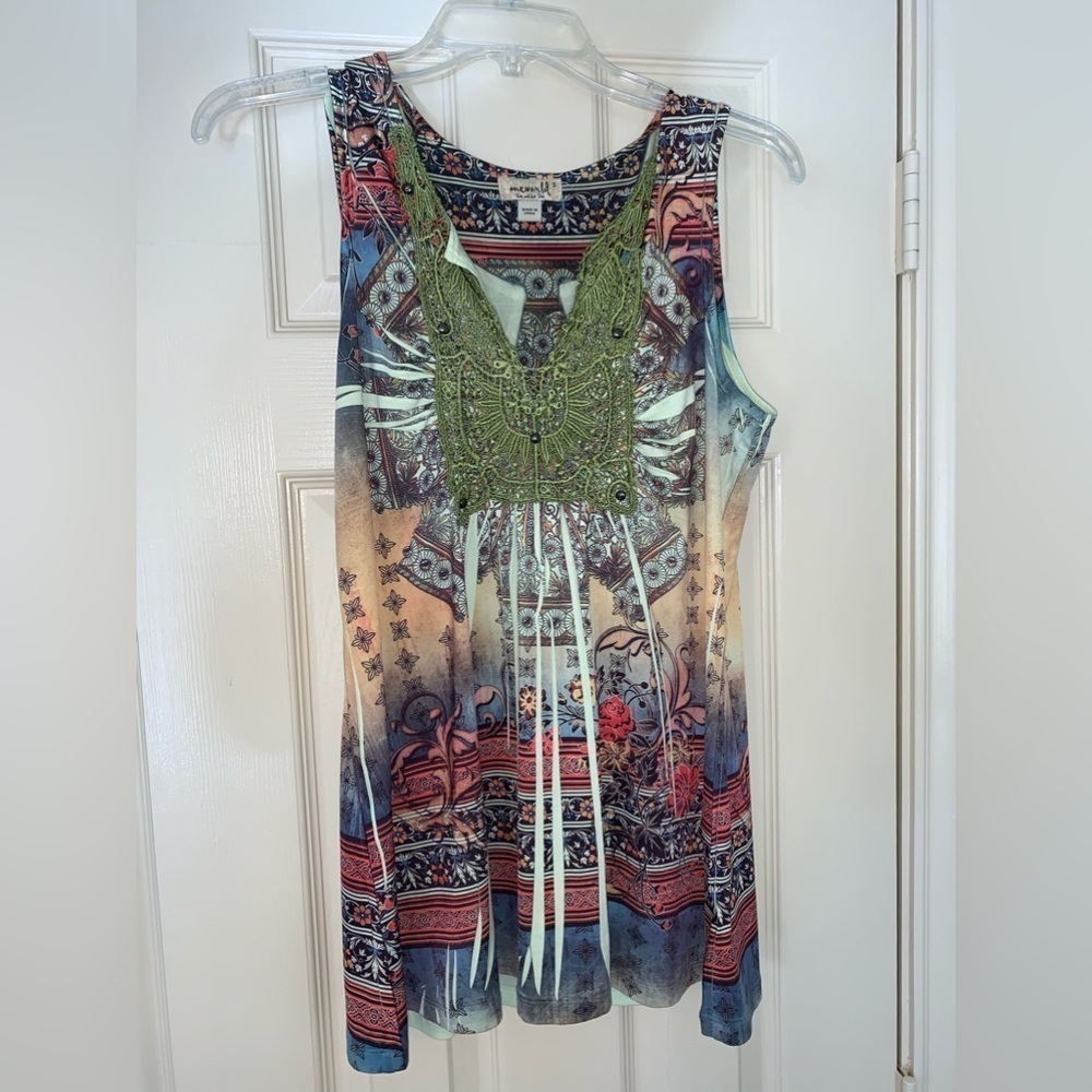 ONE WORLD SMALL POLY TANK SUMMER TOP BOHO HIPPIE GEOMETRIC